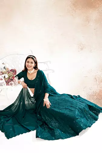 Dark Teal Embroidered Semi Stitched Lehenga and Unstitched Blouse With Dupatta