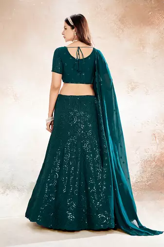 Dark Teal Embroidered Semi Stitched Lehenga and Unstitched Blouse With Dupatta