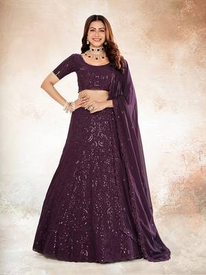 Wine Purple Embroidered Semi Stitched Lehenga and Unstitched Blouse With Dupatta 1