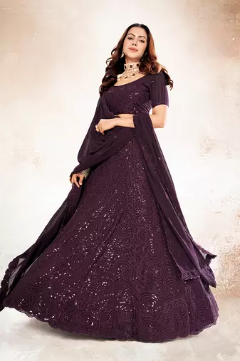 Wine Purple Embroidered Semi Stitched Lehenga and Unstitched Blouse With Dupatta