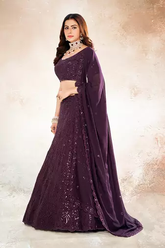 Wine Purple Embroidered Semi Stitched Lehenga and Unstitched Blouse With Dupatta