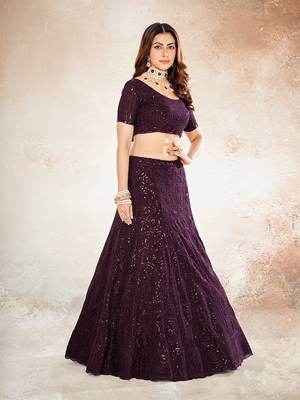 Wine Purple Embroidered Semi Stitched Lehenga and Unstitched Blouse With Dupatta 4