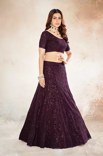 Wine Purple Embroidered Semi Stitched Lehenga and Unstitched Blouse With Dupatta