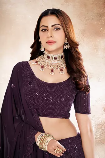 Wine Purple Embroidered Semi Stitched Lehenga and Unstitched Blouse With Dupatta