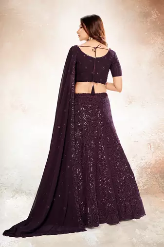 Wine Purple Embroidered Semi Stitched Lehenga and Unstitched Blouse With Dupatta