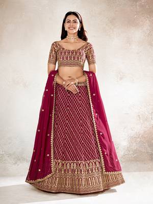 Rasberry Red  Embroidered Semi Stitched Lehenga and Unstitched Blouse With Dupatta 1