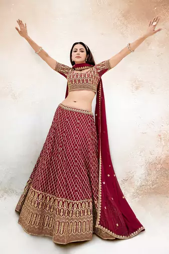 Rasberry Red  Embroidered Semi Stitched Lehenga and Unstitched Blouse With Dupatta
