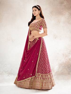 Rasberry Red  Embroidered Semi Stitched Lehenga and Unstitched Blouse With Dupatta 3