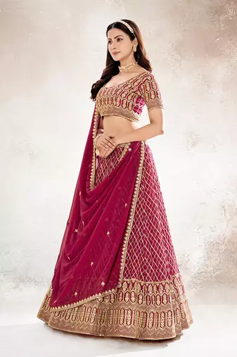 Rasberry Red  Embroidered Semi Stitched Lehenga and Unstitched Blouse With Dupatta