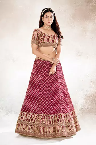 Rasberry Red  Embroidered Semi Stitched Lehenga and Unstitched Blouse With Dupatta
