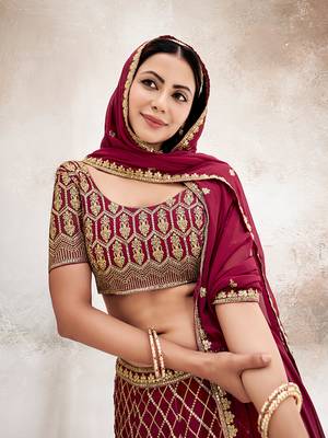 Rasberry Red  Embroidered Semi Stitched Lehenga and Unstitched Blouse With Dupatta 5