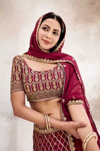 Rasberry Red  Embroidered Semi Stitched Lehenga and Unstitched Blouse With Dupatta
