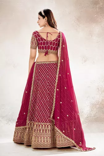 Rasberry Red  Embroidered Semi Stitched Lehenga and Unstitched Blouse With Dupatta