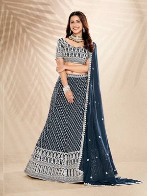 Jade Blue  Embroidered Semi Stitched Lehenga and Unstitched Blouse With Dupatta 1