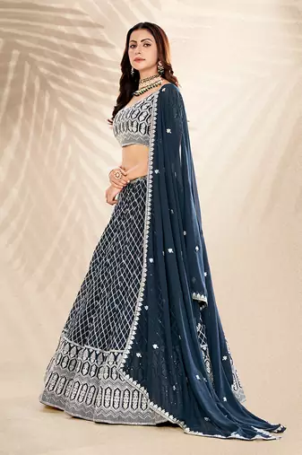 Jade Blue  Embroidered Semi Stitched Lehenga and Unstitched Blouse With Dupatta