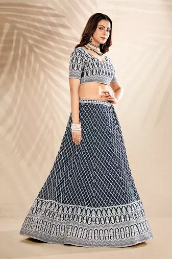 Jade Blue  Embroidered Semi Stitched Lehenga and Unstitched Blouse With Dupatta