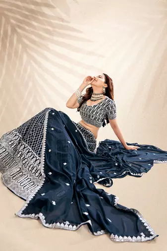 Jade Blue  Embroidered Semi Stitched Lehenga and Unstitched Blouse With Dupatta