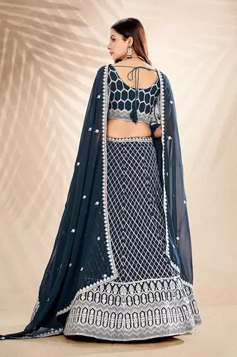 Jade Blue  Embroidered Semi Stitched Lehenga and Unstitched Blouse With Dupatta