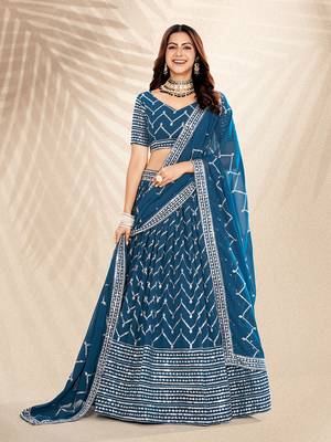 Airforce Blue  Embroidered Semi Stitched Lehenga and Unstitched Blouse With Dupatta 1