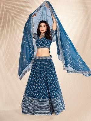 Airforce Blue  Embroidered Semi Stitched Lehenga and Unstitched Blouse With Dupatta 2