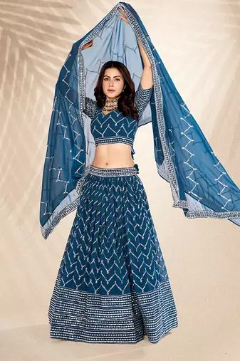 Airforce Blue  Embroidered Semi Stitched Lehenga and Unstitched Blouse With Dupatta