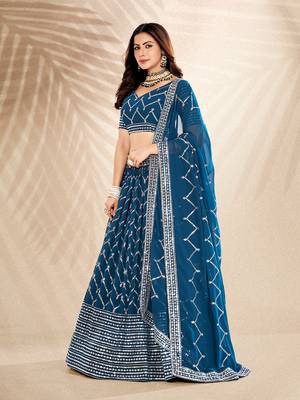 Airforce Blue  Embroidered Semi Stitched Lehenga and Unstitched Blouse With Dupatta 3