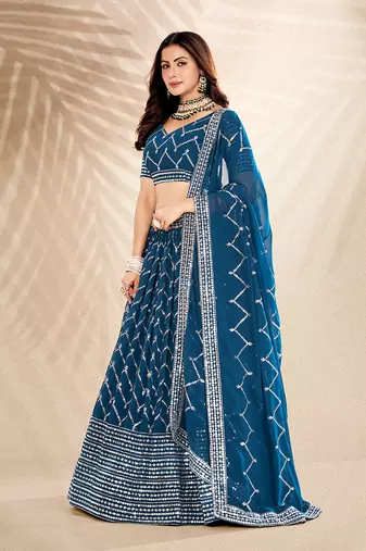 Airforce Blue  Embroidered Semi Stitched Lehenga and Unstitched Blouse With Dupatta