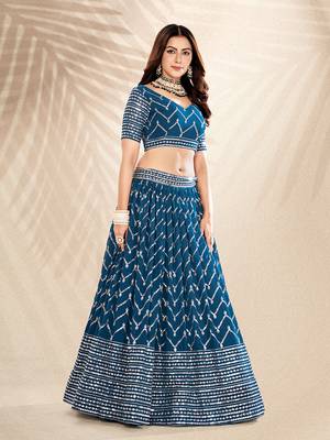 Airforce Blue  Embroidered Semi Stitched Lehenga and Unstitched Blouse With Dupatta 4