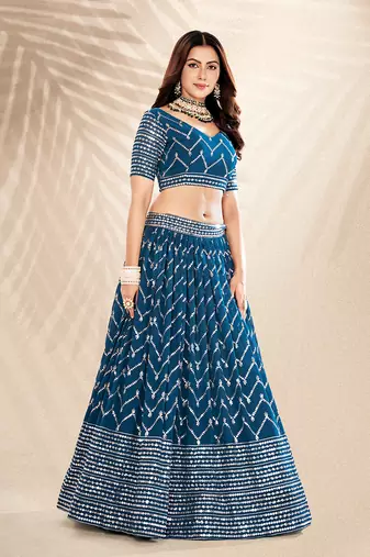 Airforce Blue  Embroidered Semi Stitched Lehenga and Unstitched Blouse With Dupatta