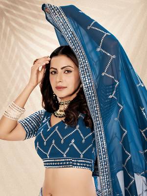 Airforce Blue  Embroidered Semi Stitched Lehenga and Unstitched Blouse With Dupatta 5