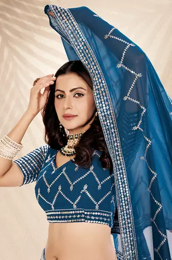 Airforce Blue  Embroidered Semi Stitched Lehenga and Unstitched Blouse With Dupatta