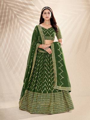 Basil Green Embroidered Semi Stitched Lehenga and Unstitched Blouse With Dupatta 1