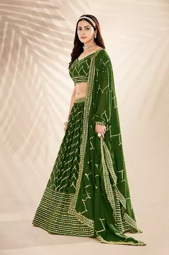 Basil Green Embroidered Semi Stitched Lehenga and Unstitched Blouse With Dupatta