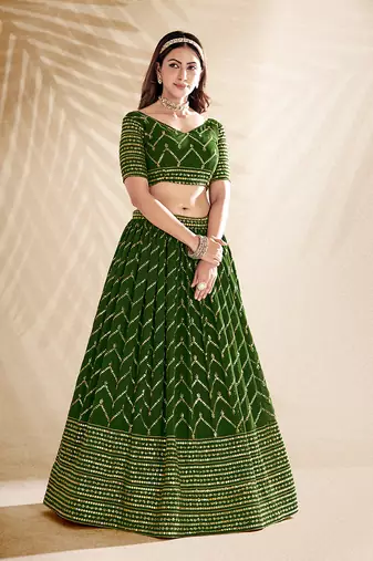 Basil Green Embroidered Semi Stitched Lehenga and Unstitched Blouse With Dupatta