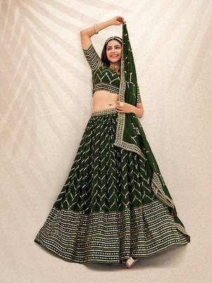 Basil Green Embroidered Semi Stitched Lehenga and Unstitched Blouse With Dupatta 4