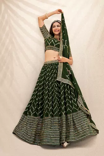 Basil Green Embroidered Semi Stitched Lehenga and Unstitched Blouse With Dupatta