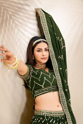 Basil Green Embroidered Semi Stitched Lehenga and Unstitched Blouse With Dupatta