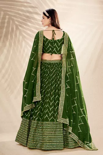 Basil Green Embroidered Semi Stitched Lehenga and Unstitched Blouse With Dupatta