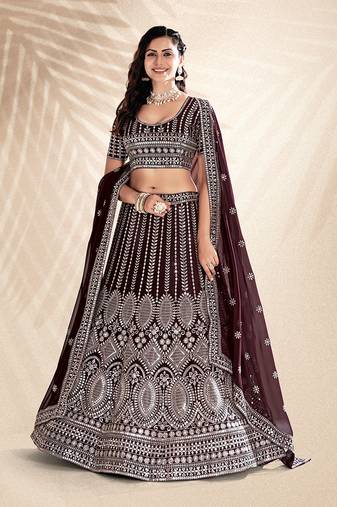 Wine Purple Embroidered Semi Stitched Lehenga and Unstitched Blouse With Dupatta