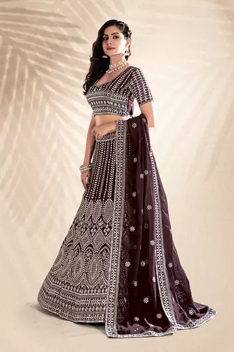 Wine Purple Embroidered Semi Stitched Lehenga and Unstitched Blouse With Dupatta