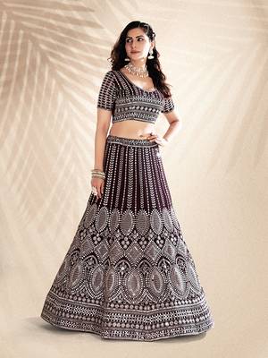 Wine Purple Embroidered Semi Stitched Lehenga and Unstitched Blouse With Dupatta 3