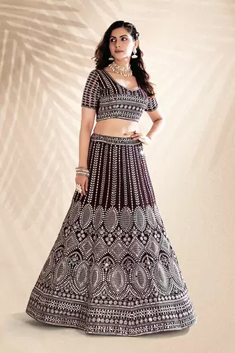 Wine Purple Embroidered Semi Stitched Lehenga and Unstitched Blouse With Dupatta