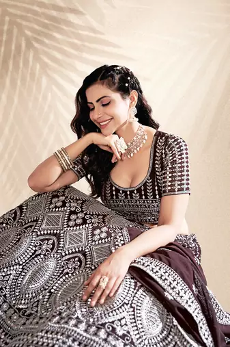 Wine Purple Embroidered Semi Stitched Lehenga and Unstitched Blouse With Dupatta