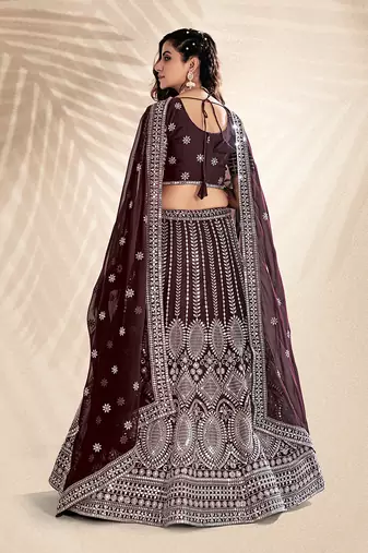 Wine Purple Embroidered Semi Stitched Lehenga and Unstitched Blouse With Dupatta