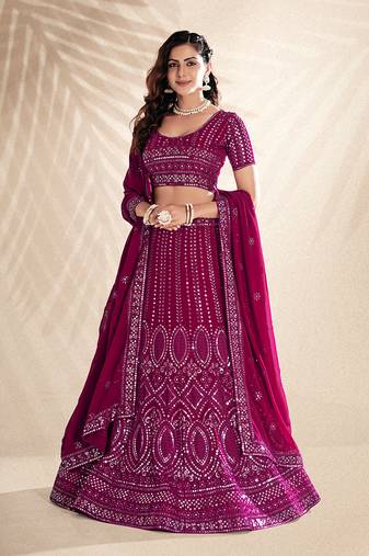Rani Pink Embroidered Semi Stitched Lehenga and Unstitched Blouse With Dupatta