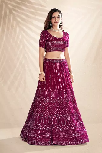 Rani Pink Embroidered Semi Stitched Lehenga and Unstitched Blouse With Dupatta
