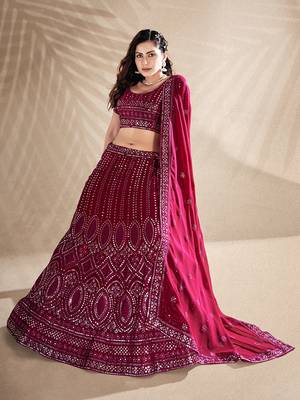Rani Pink Embroidered Semi Stitched Lehenga and Unstitched Blouse With Dupatta 4