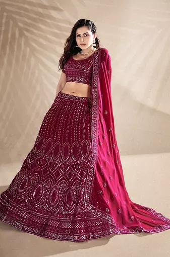 Rani Pink Embroidered Semi Stitched Lehenga and Unstitched Blouse With Dupatta