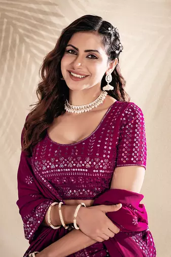 Rani Pink Embroidered Semi Stitched Lehenga and Unstitched Blouse With Dupatta
