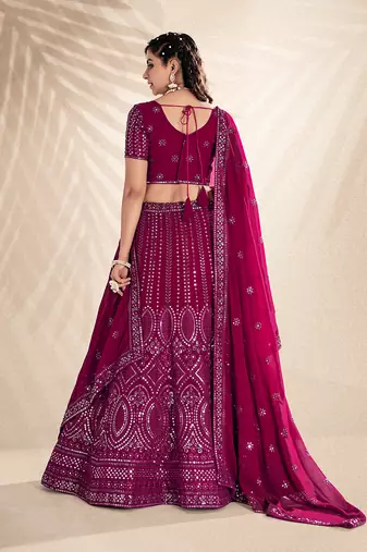Rani Pink Embroidered Semi Stitched Lehenga and Unstitched Blouse With Dupatta